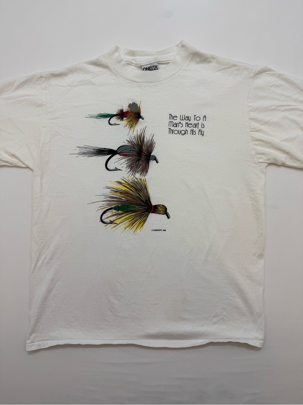 VTG 90’s Fly Fishing Shirt Sz Large White The Way To A Man's Heart Through Fly